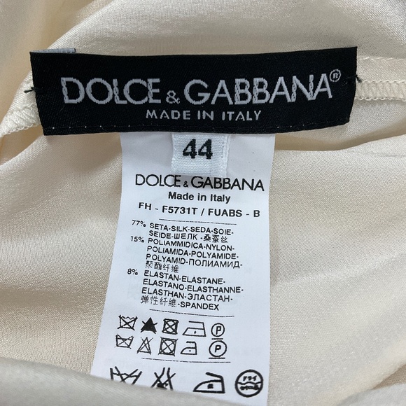 DOLCE & GABBANA IVORY / BLACK LACE TRIMMED PEARL BUTTON TIE NECK SILK BLOUSE - Picture 4 of 5